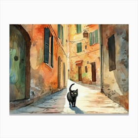 Black Cat In Cesena, Italy, Street Art Watercolour Painting 1 Canvas Print