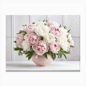 A Bouquet Of Pastel Pink And Pristine White Peonies With Hints Of Red Arranged Densely In A Natural (5) Canvas Print