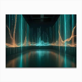 A Dark Room With A Large Screen Displaying A Colorful Abstract Image Of A Landscape With Teal, Orange, And Black Lines Canvas Print