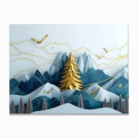 3d Modern Art with Blue Night Landscape with Dark Mountains, Giant Golden Tree and Gold Canvas Print