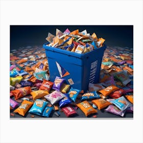 A Blue Recycling Bin Filled With An Overflowing Amount Of Colorful Chip Bags Canvas Print