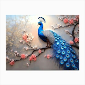 3d Artwork Background Blue Peacock On Branch 1 Canvas Print