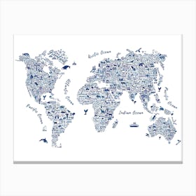 Watercolor Blue World Map Canvas Print