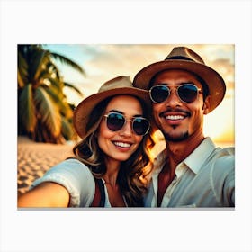 Couple Taking Selfie On The Beach 1 Canvas Print