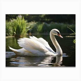 White Swan Gracefully Gliding Across A Serene Duck Pond Its Elegant Posture Contrasting With The L Canvas Print