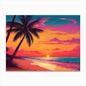 A Tranquil Beach At Sunset Horizontal Illustration 67 Canvas Print