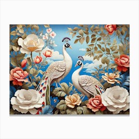 Peacocks And Roses Canvas Print