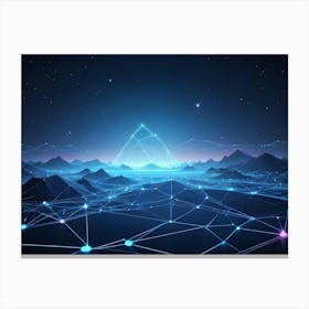 Abstract Wireframe Mountains In A Blue Glowing Network Canvas Print