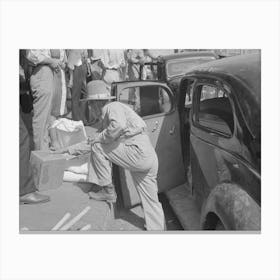 Untitled Photo, Possibly Related To Grocery Clerk Putting Broom And Other Supplies In Back Of Automobile, Saturd Canvas Print