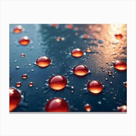 Close Up Macro Shot Of Red Water Droplets On A Blue Surface Canvas Print