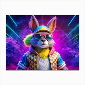 Cool Bunny In Sunglasses And Checkered Jacket With Neon Lights Canvas Print