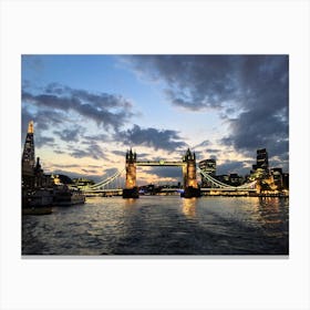Tower Bridge At Dusk From The River Thames, London   Canvas Print