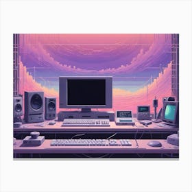 Retro Computer Setup With Pixel Art Cityscape On Monitor Canvas Print