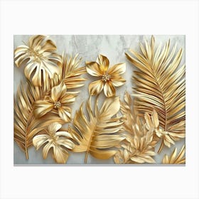 Gold Floral Plants And Palm Leaves 3d Illustration, Grey Background, Abstract Tropical Leaves, Banana Leaves 3 Canvas Print