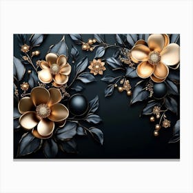 3d Golden Jewelry and Flowers in Black Design Canvas Print