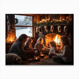 Woolly Sheep Family Gathered Around A Yuletide Hearth Warm Glows From The Fireplace Casting Soft Sh Canvas Print