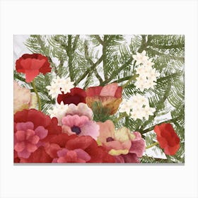 Red And White Flowers Green Foliage arrangement Canvas Print