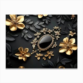 3d Artwork Illustration Background with Golden Jewelry and Flowers in Black Canvas Print