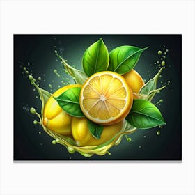 Lemons With Splash Of Juice On Green Background Canvas Print