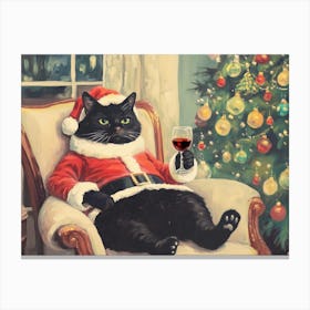 Christmas Santa Cat Holding Wine Canvas Print