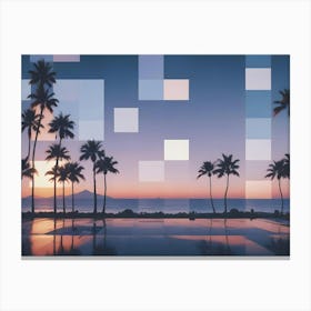 Digital Art Of A Beach Scene With Palm Trees, A Reflecting Pool, And A Sunset Sky Canvas Print