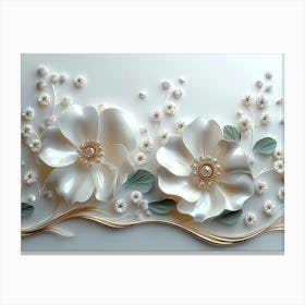 3d White And Blue Golden Jewelry Flowers, In Black Canvas Print