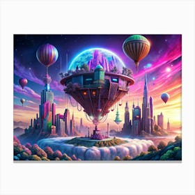 Futuristic Floating City With Hot Air Balloons Canvas Print