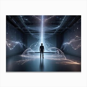 A Man Stands In A Dark Room, Silhouetted Against A Large Screen Displaying A Bright Stream Of Light And Data Visualizations Canvas Print