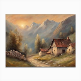 Vintage oil painting style soft colours peaceful sunrise mountain house landscape format Canvas Print