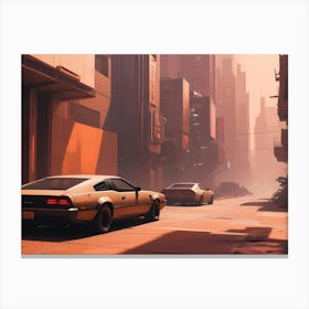 A Digital Illustration Of Two Cars Driving Down A Futuristic Street In A Desolate City Canvas Print