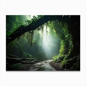 A Winding Path Carved Through An Ancient Forest Lush Greens Enveloping The Trail A Solitary Tree W Canvas Print