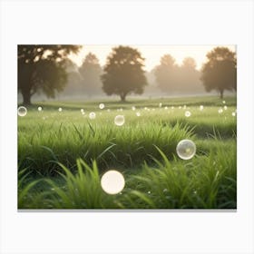 A Soft, Dreamy Shot Of A Field Of Green Grass With Soap Bubbles Floating In The Air Canvas Print