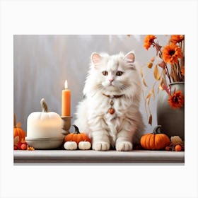Cat Sitting In Front Of Pumpkins Canvas Print