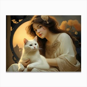 Art Print of a Girl in Art Nouveau Design and with Cat beautiful Canvas Print