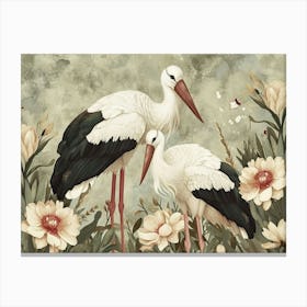 Floral Animal Illustration Stork 2 Canvas Print