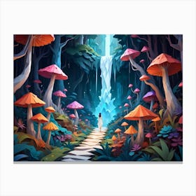 Woman Walking Through A Mystical Forest With Glowing Mushrooms And A Waterfall 5 Canvas Print