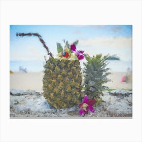 Pineapple Juice Cocktail On The Beach Oil Painting Landscape Canvas Print