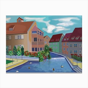 Landscape With Houses On The River Canal In The Town Of Memmingen In Germany Canvas Print