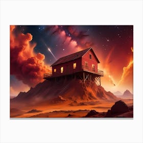 Red House On Stilts On A Rocky Hill, Alien Landscape With Nebula Sky Canvas Print