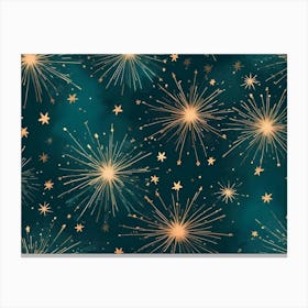 Abstract Background With Stylized Fireworks In Gold Against A Dark Green Background With Scattered Gold Stars 1 Canvas Print