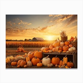 A Vintage Style Autumn Harvest Composition Showcasing Piles Of Pumpkins And Corn Cobs Scattered In Canvas Print