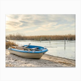 Blue Rowing Boat On The Shore Canvas Print