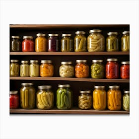 Jars Of Preserved Vegetables On Wooden Shelves In A Rustic Kitchen Canvas Print