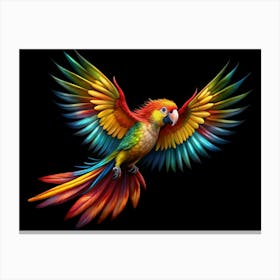 Colorful Macaw With Spread Wings On Black Background Canvas Print