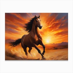 Beautiful Grown Brown Wild Mustang Running In Sand At A Sun Dawn - Color Painting Canvas Print