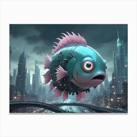 A Surreal Image Of A Large, Mechanical Fish Flying Over A Futuristic Cityscape Canvas Print