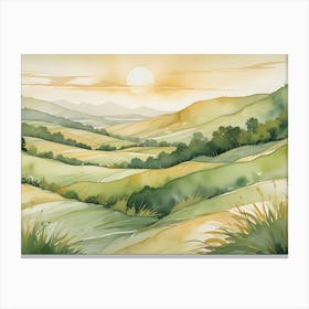 Watercolor Painting Of A Landscape With Rolling Hills, Forests, And A Setting Sun Canvas Print