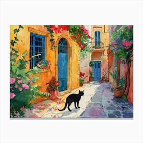 Rhodes, Greece   Cat In Street Art Watercolour Painting 1 Canvas Print