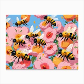 Bees On Peach Blossoms Canvas Print