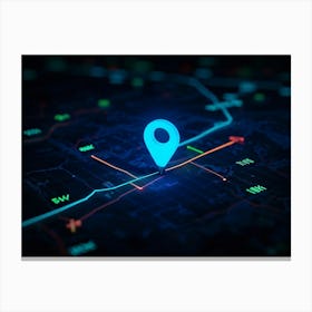 Gps Navigation Pin Icon Glowing Neon Against A Dark Map Background Latitude And Longitude Grid Sub (7) Lienzo